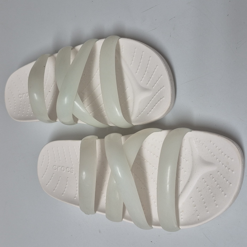 ♤Hostpick♤WOMEN'S CROCS WHITE SPLASH GLOSSY STRAPPY FLIP FLOP SANDALS SIZE 10